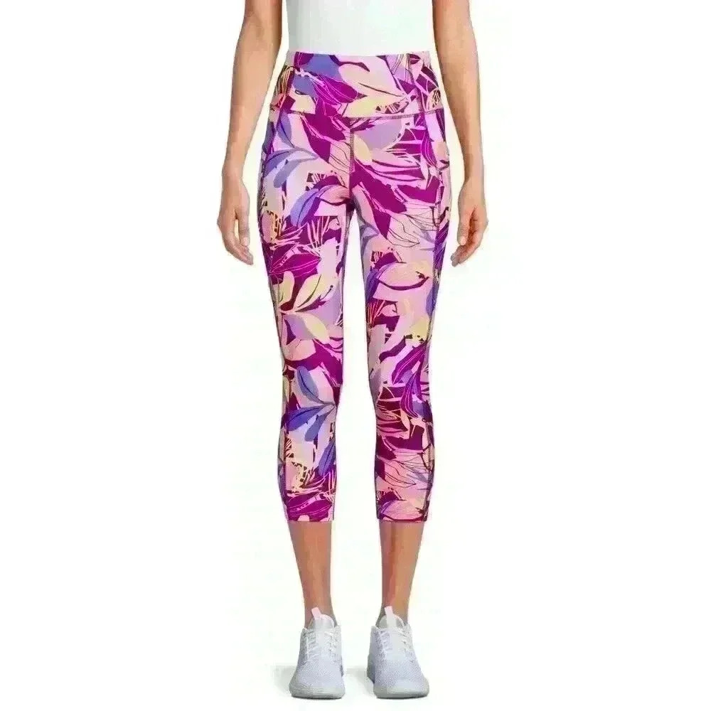Avia Womens Pull On Active Capri Leggings XS, M Side Pockets Purple Pink Leaf - Picture 1 of 12